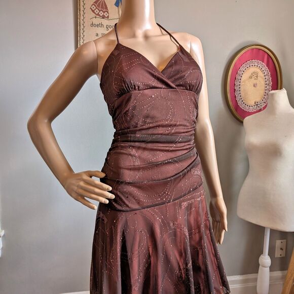 Vintage 90s Taboo Mini Dress Party Drop Waist Glitter Trashy Brown Size M - Picture 5 of 11